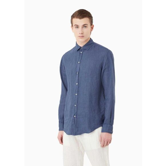 Emporio Armani Mens Plain Cotton Shirt / Blue - Picture 4 of 5